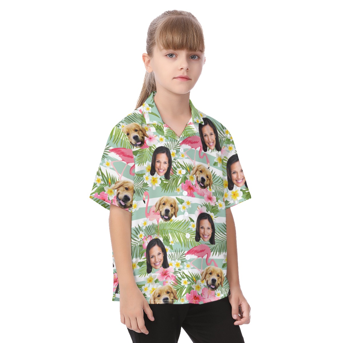Custom Face And Pet Flamigo Hawaiian Shirt For Kids