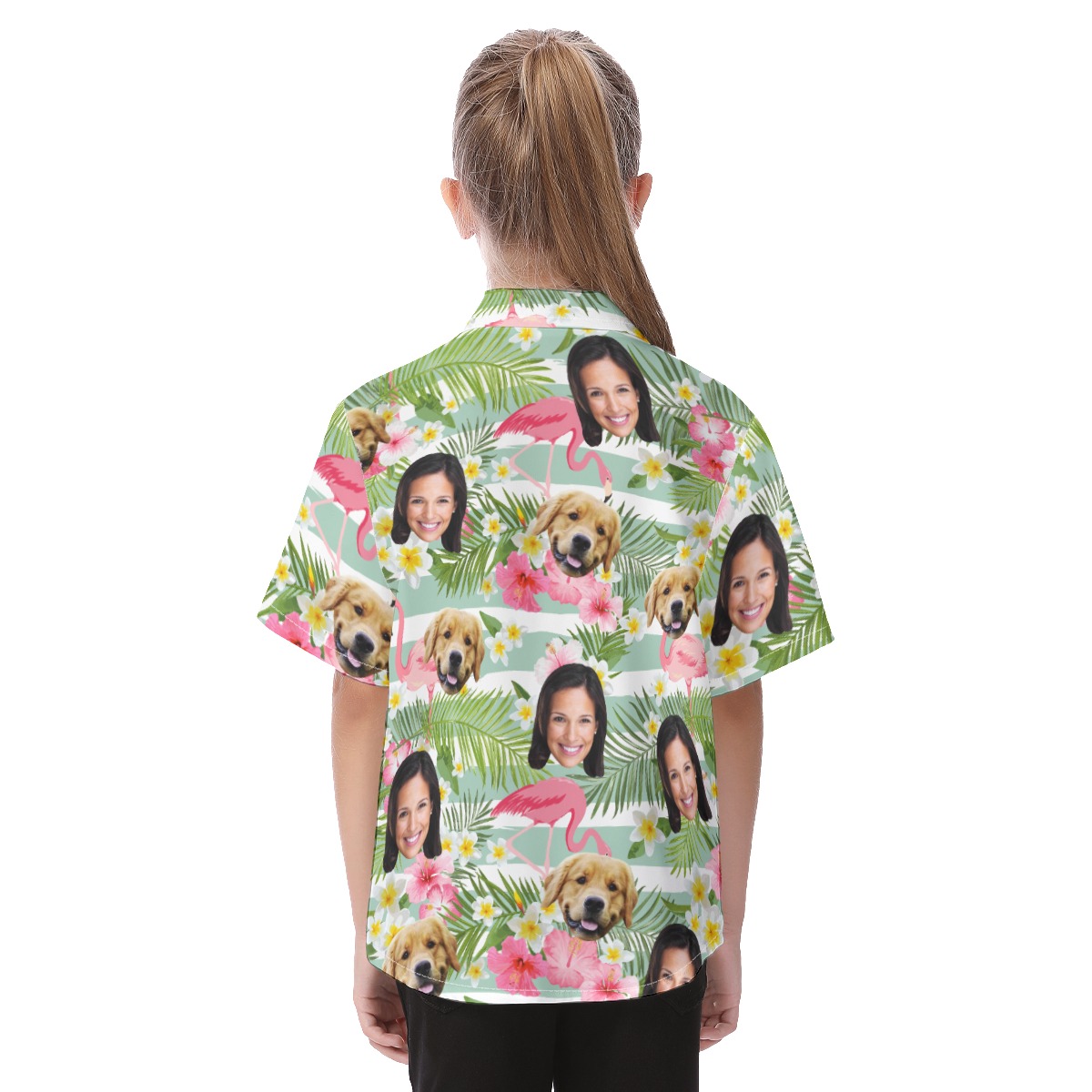Custom Face And Pet Flamigo Hawaiian Shirt For Kids