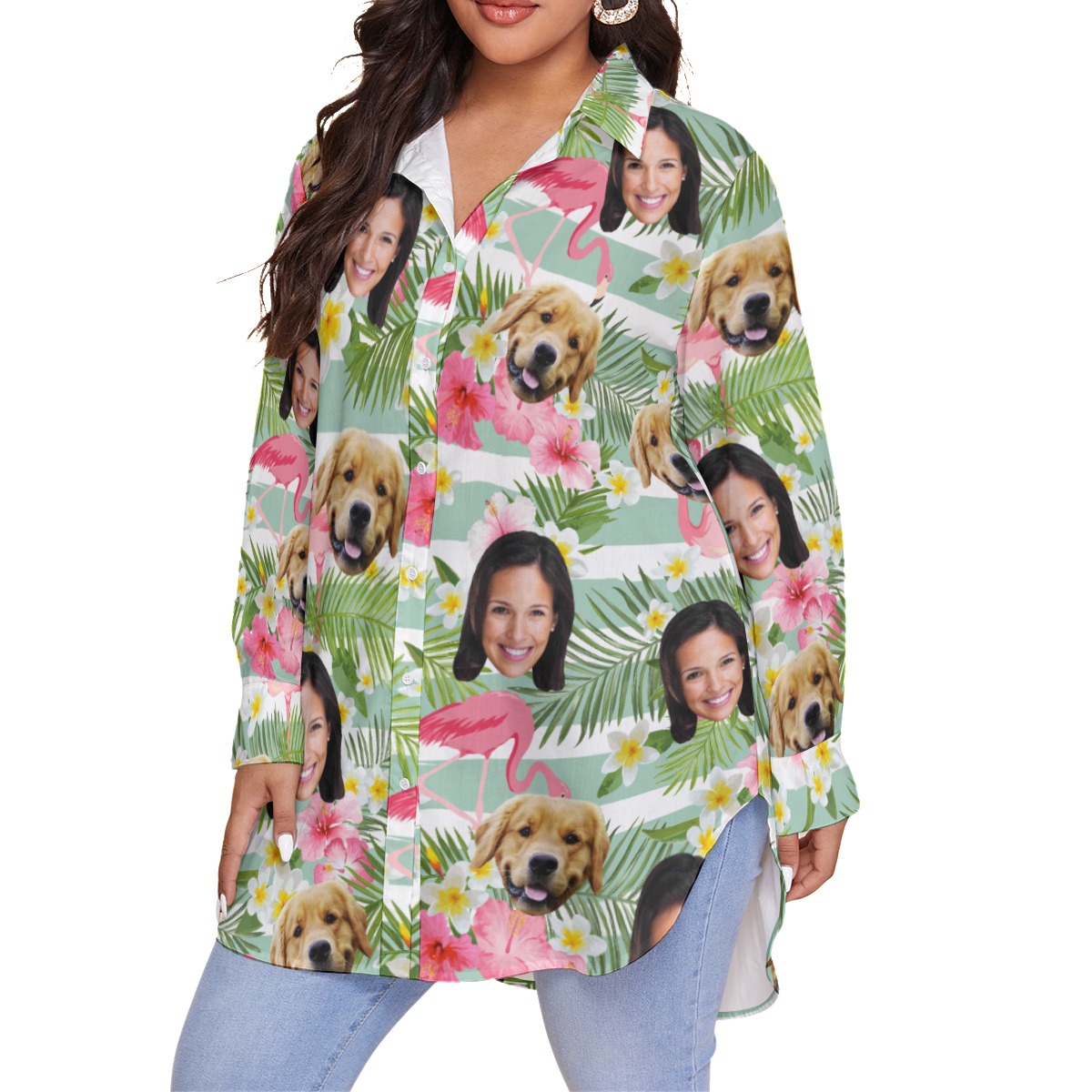 Women's Custom Face And Dog Floral Oversized Hawaiian Shirt