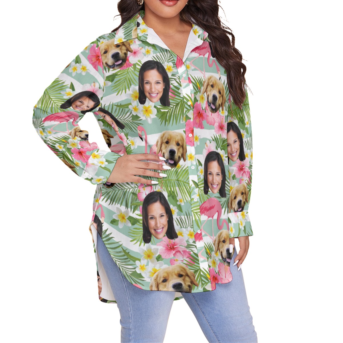 Women's Custom Face And Dog Floral Oversized Hawaiian Shirt