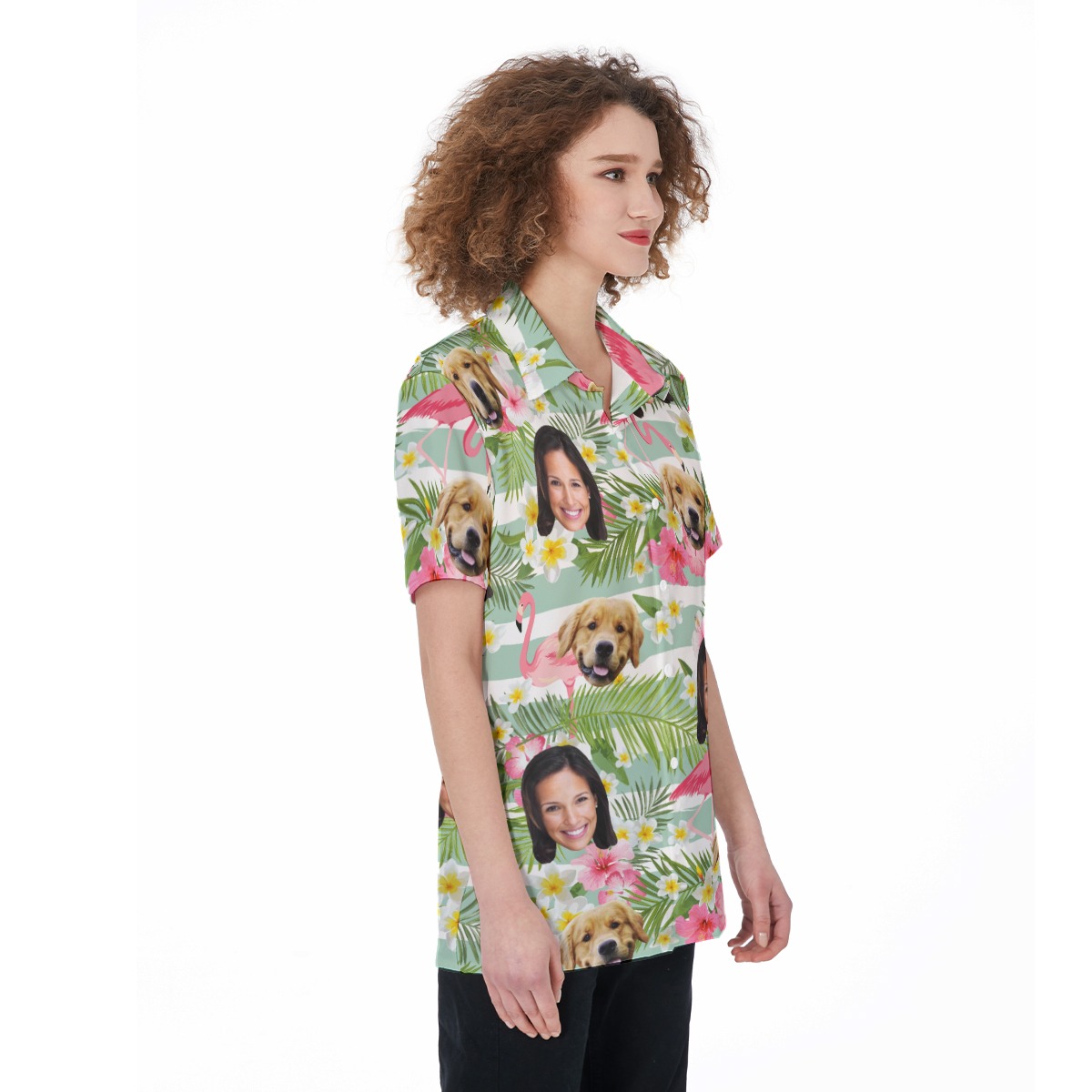 Women's Custom Pet And Owner Face Flamingo Hawaiian Shirt