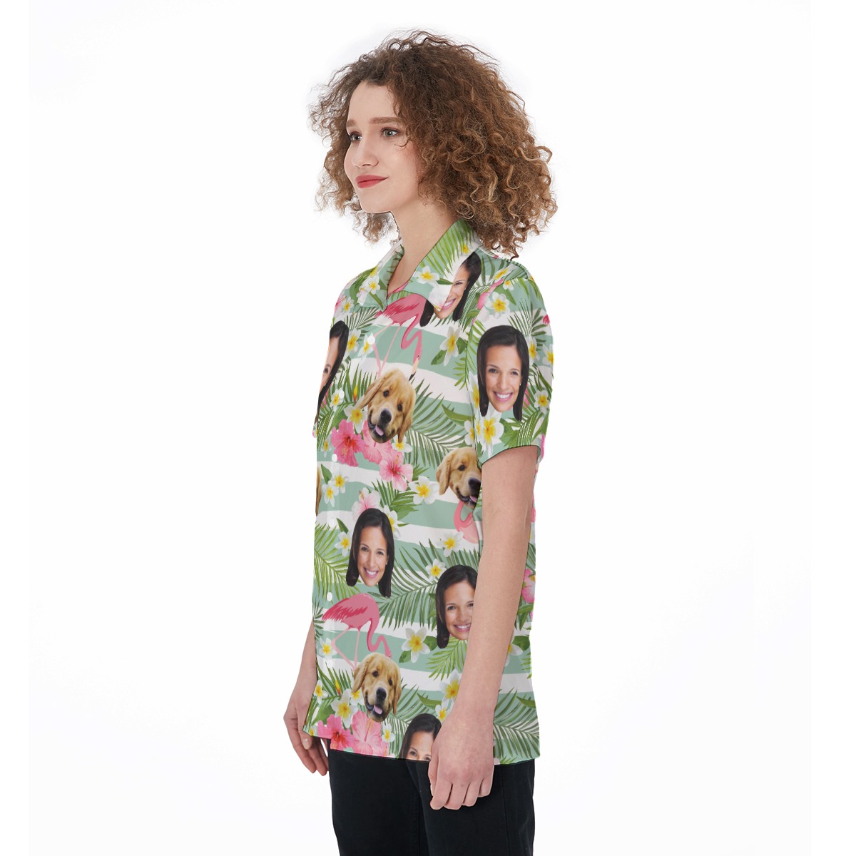 Women's Custom Pet And Owner Face Flamingo Hawaiian Shirt