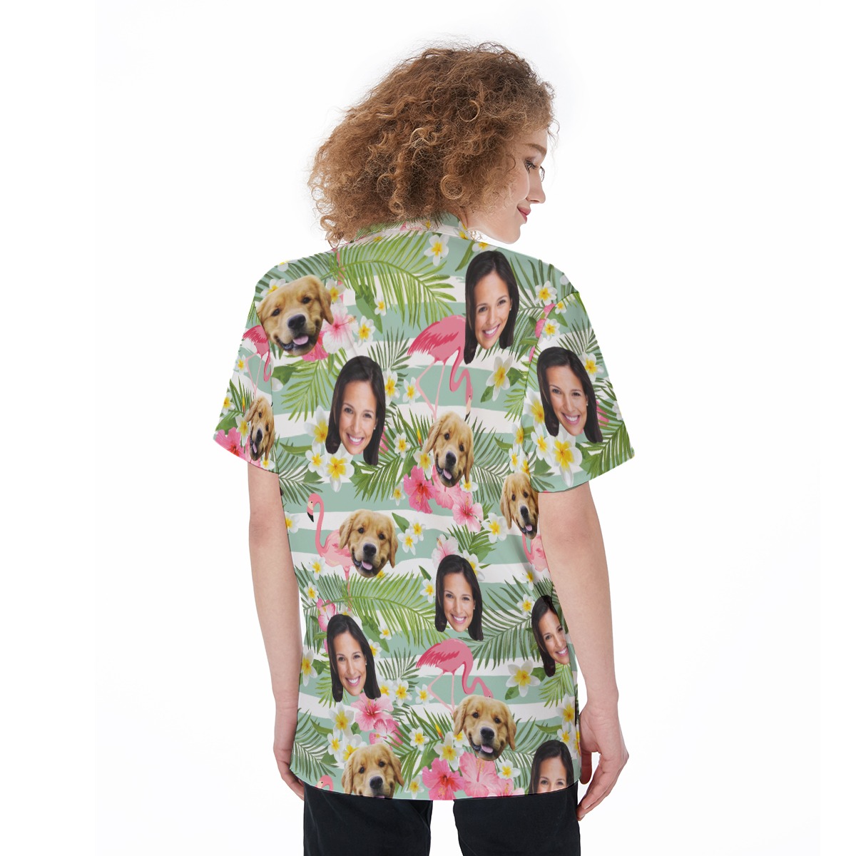 Women's Custom Pet And Owner Face Flamingo Hawaiian Shirt