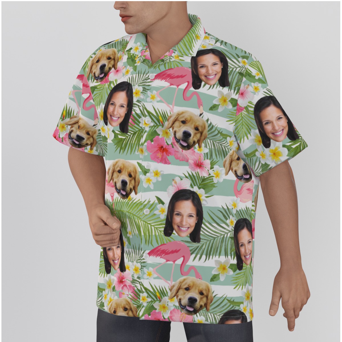 Custom Face And Dog Flamingo Hawaiian Shirt For Men