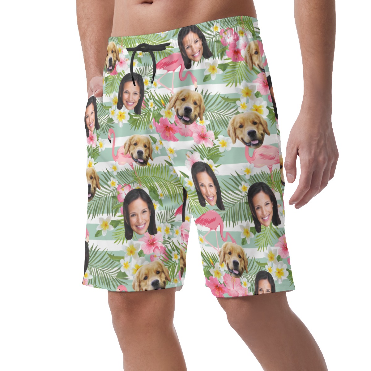 Men's Custom Dog And Owner Face Flamingo Hawaiian Shorts