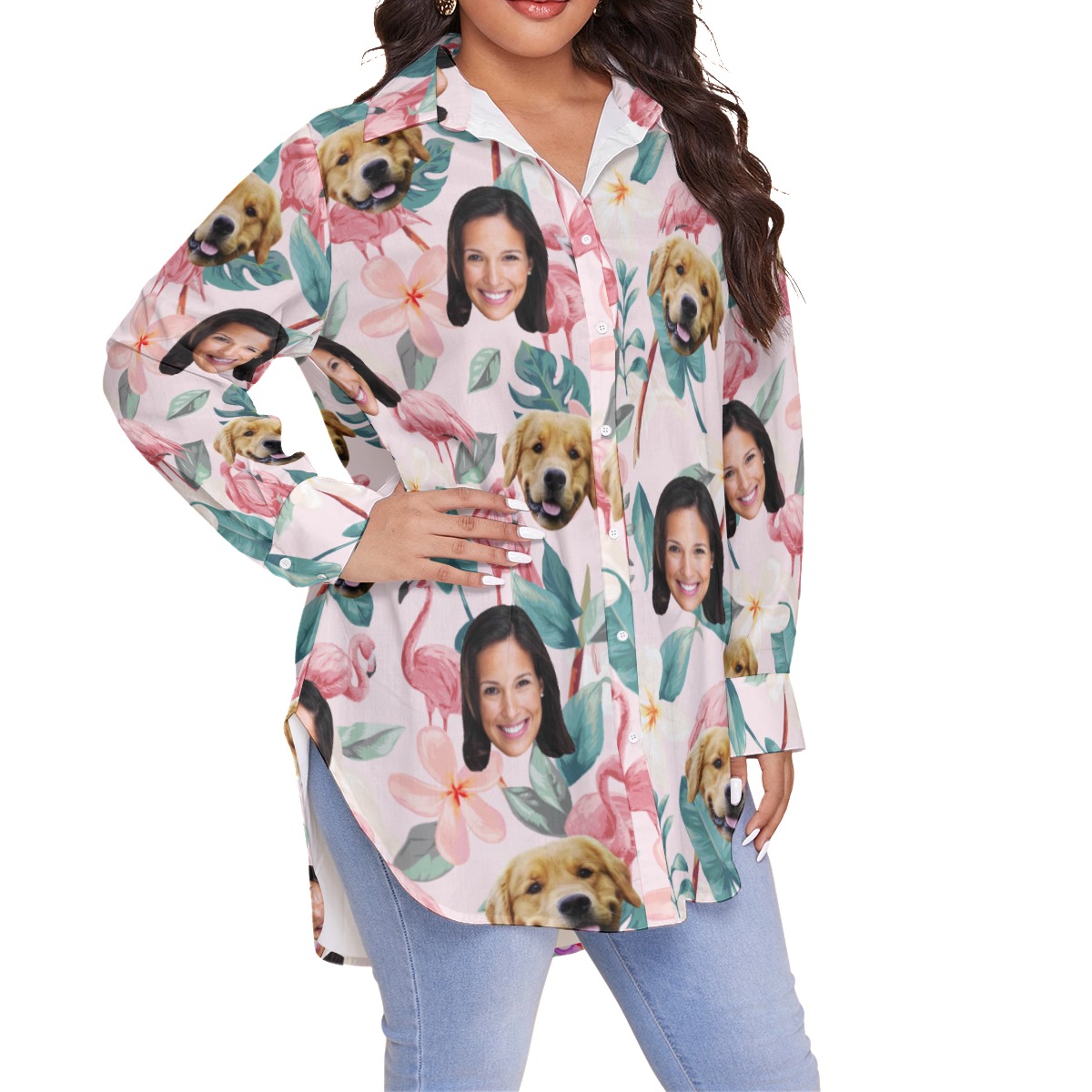 Women's Custom Face And Dog Oversized Hawaiian Shirt