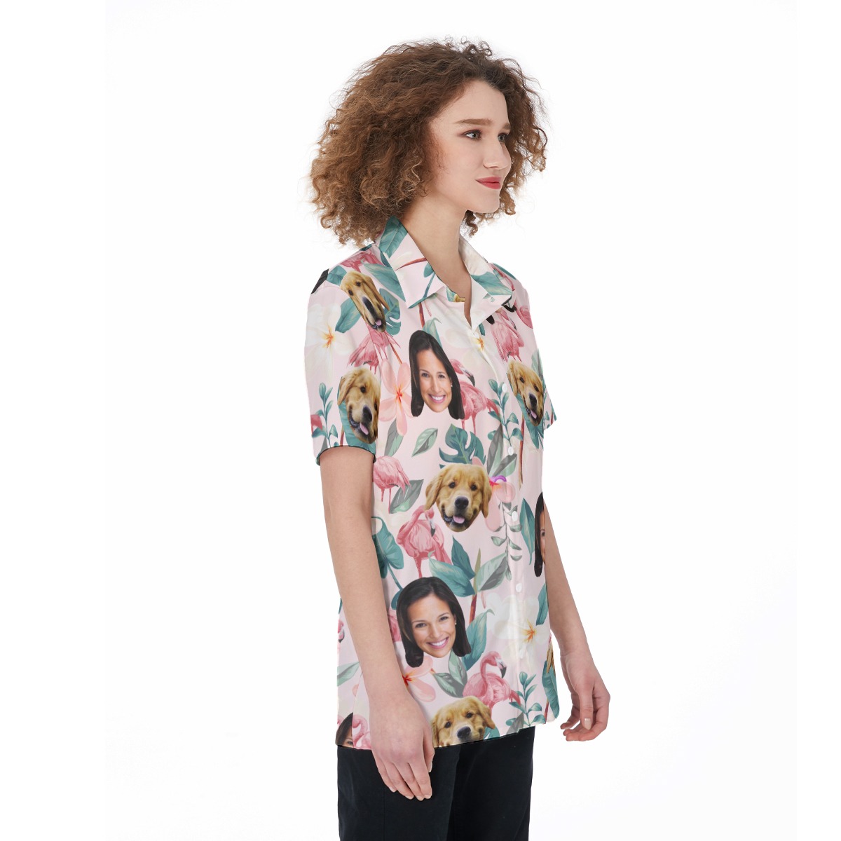 Custom Pet And Owner Face Flamingo Hawaiian Shirt For Women