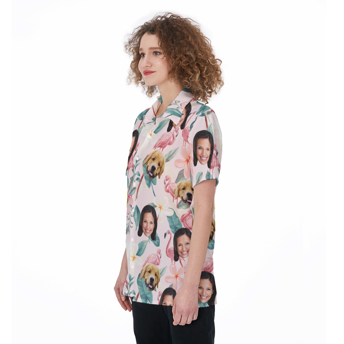 Custom Pet And Owner Face Flamingo Hawaiian Shirt For Women