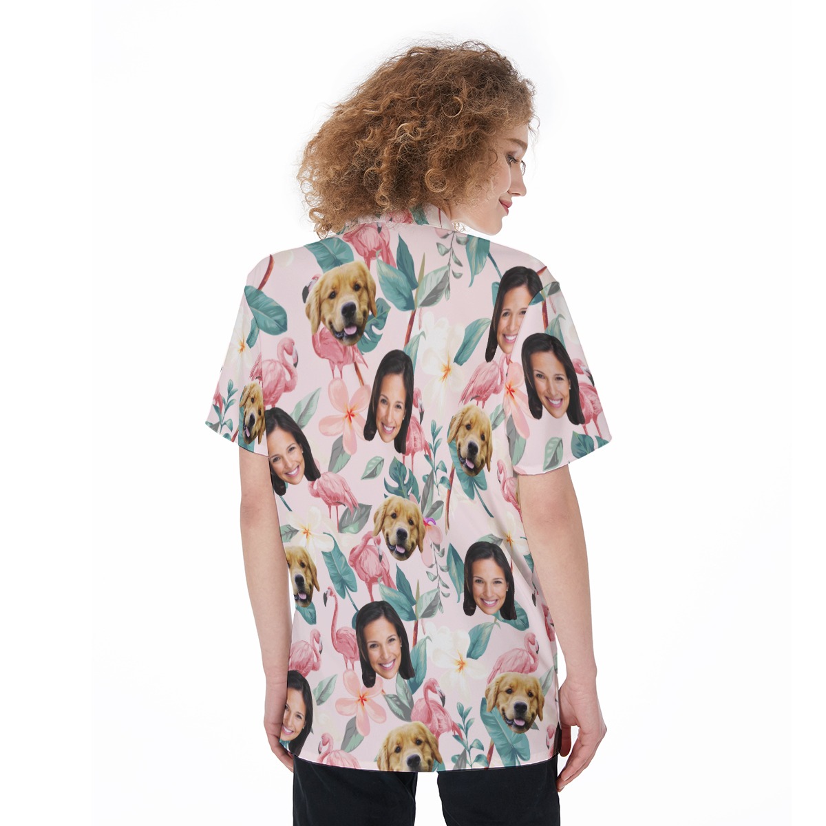 Custom Pet And Owner Face Flamingo Hawaiian Shirt For Women