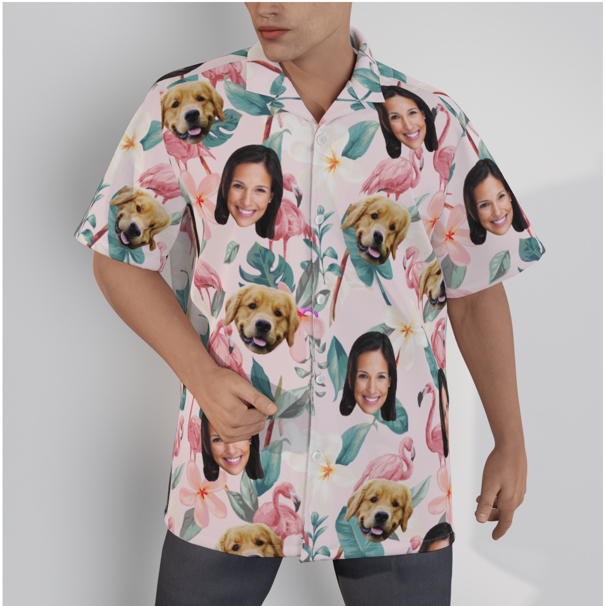 Custom Face And Dog Flamingo Hawaiian Shirt - variant image 1