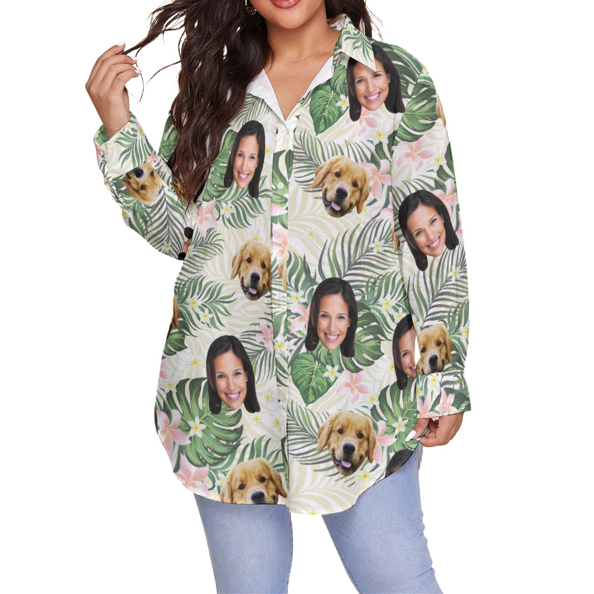 Custom Face And Dog Women's Oversized Hawaiian Shirt - variant image 1