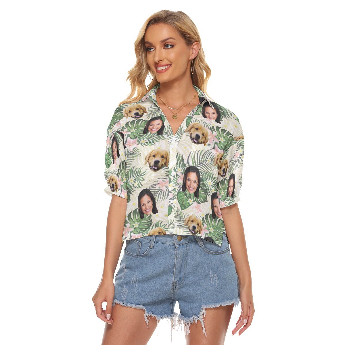 Floral Custom Face With Dog Hawaiian Crop Top Shirt - variant image 1