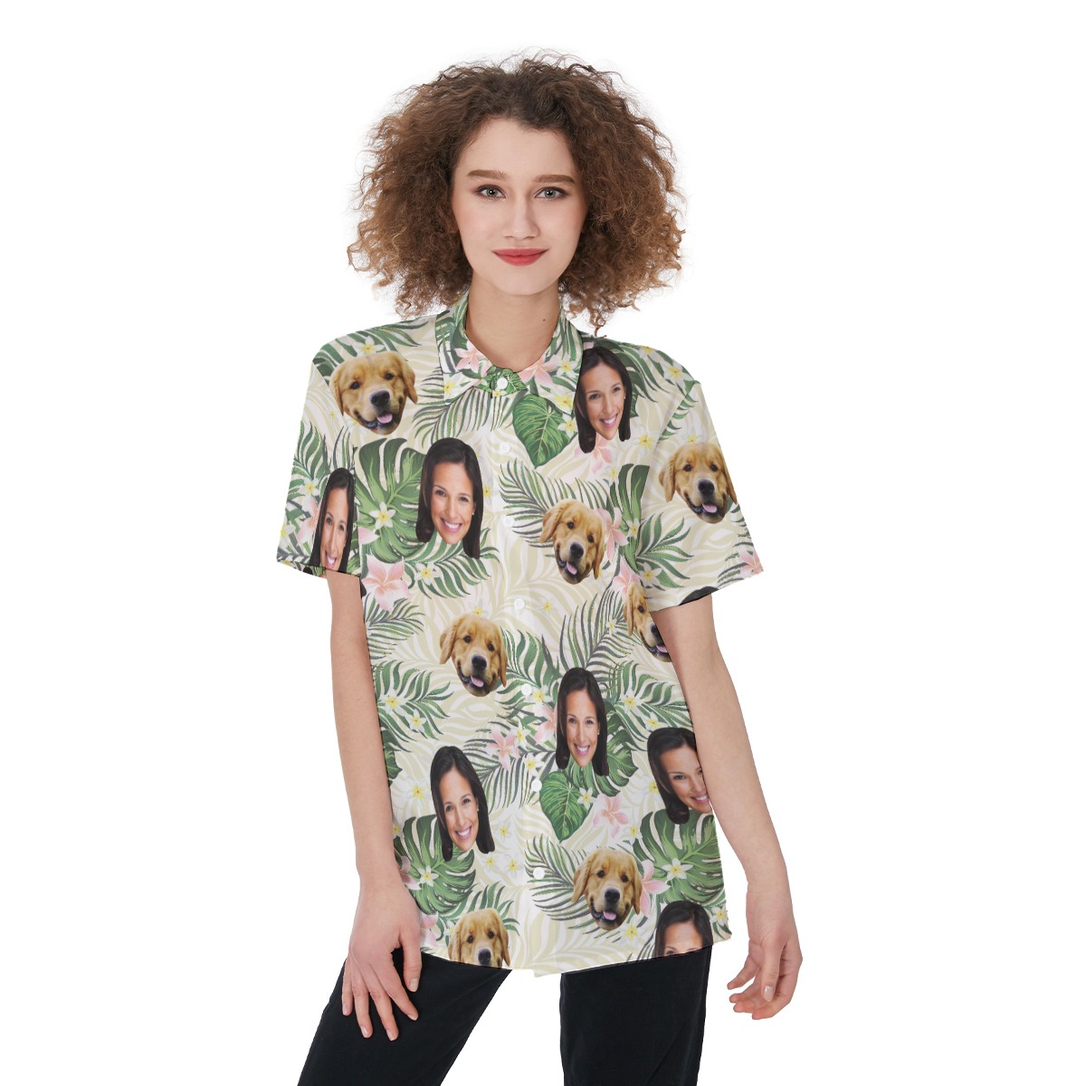 Custom Pet And Owner Face Tropical Hawaiian Shirt For Women - variant image 1