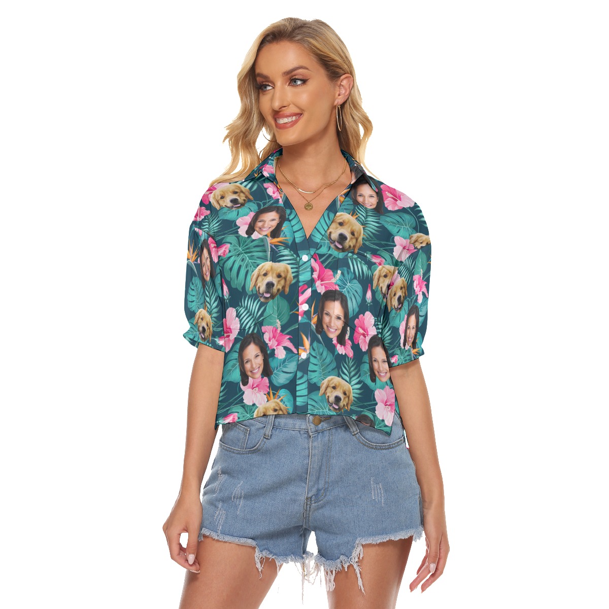 Tropical Custom Face With Dog Hawaiian Crop Top Shirt - variant image 1