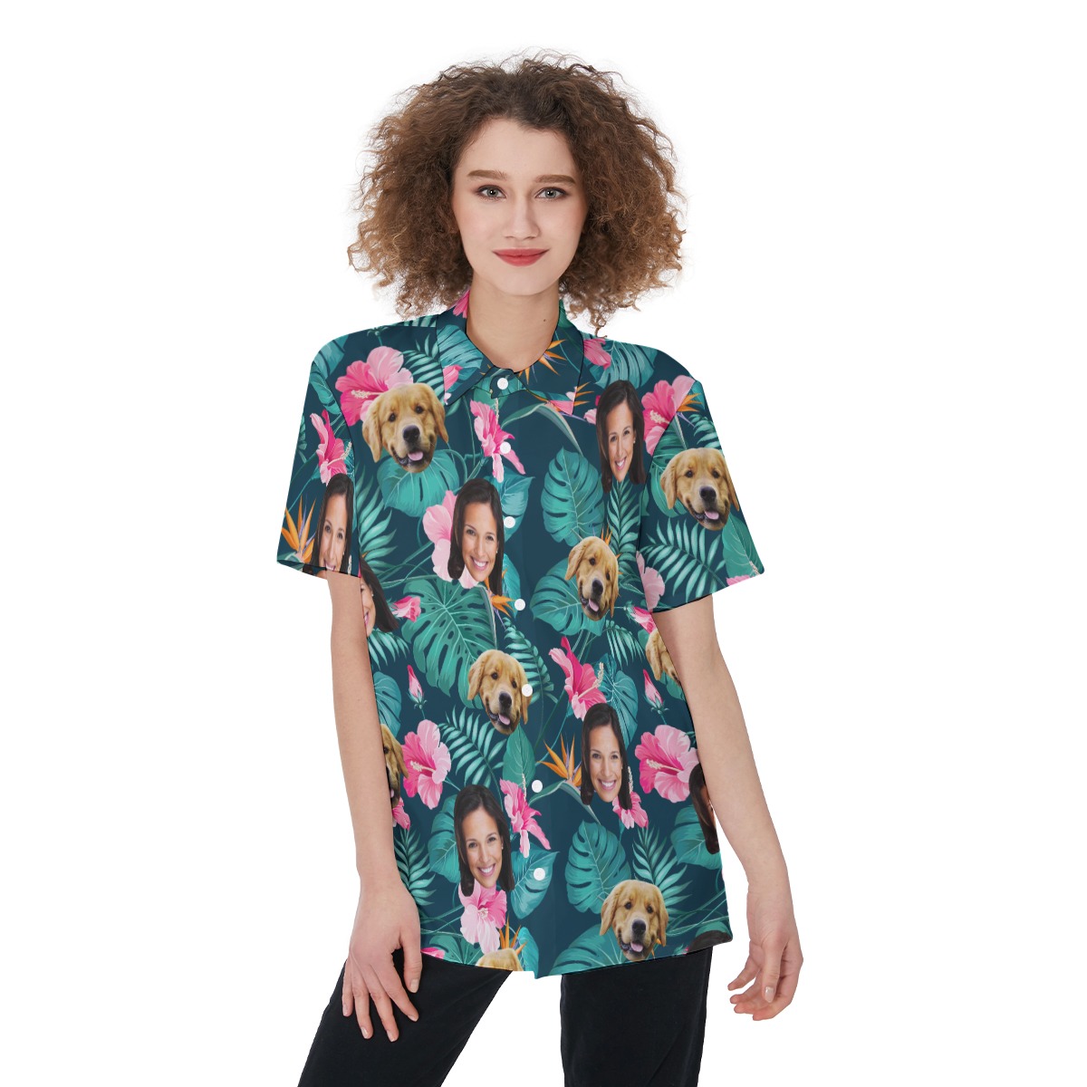 Tropical Custom Pet And Owner Face Hawaiian Shirt For Women - variant image 1