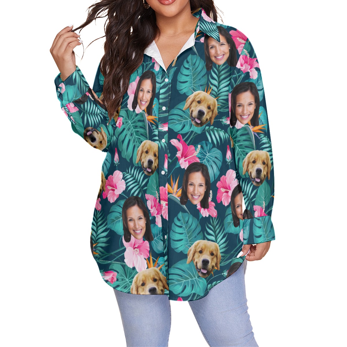 Custom Face And Dog Women's Plus Size Hawaiian Shirt - variant image 1
