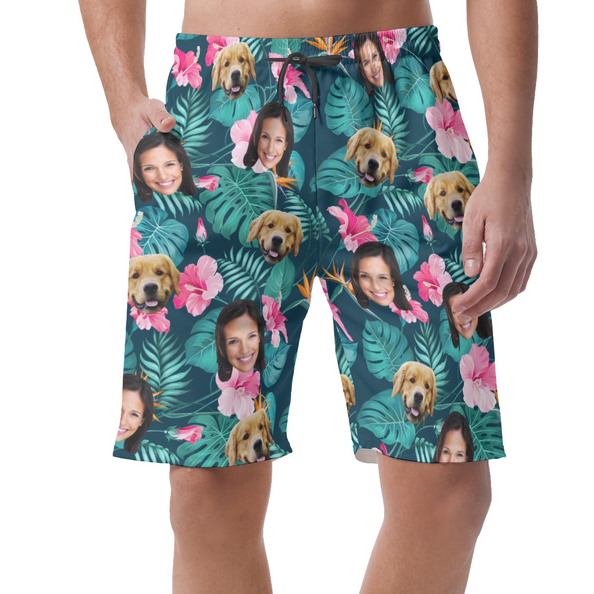 Men's Custom Face And Dog Tropical Hawaiian Shorts - variant image 1