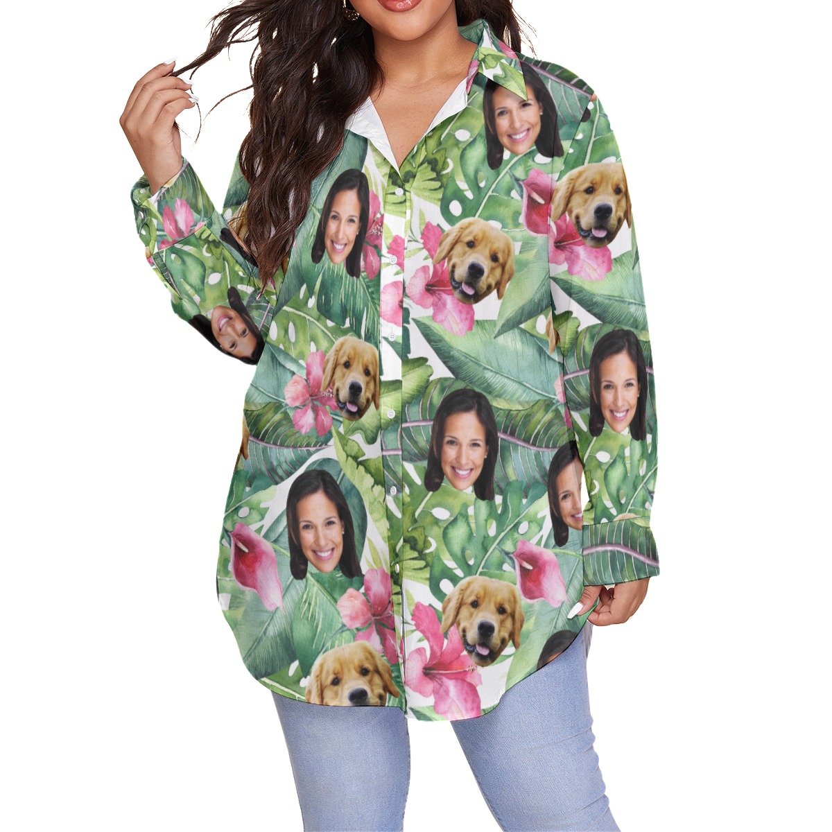 Custom Face And Dog Face Women's Plus Size Hawaiian Shirt - variant image 1