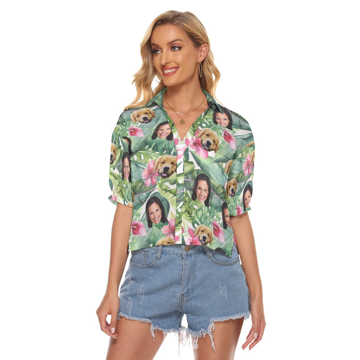 Tropical Custom 2 Faces Hawaiian Crop Top Shirt With Dog - variant image 1