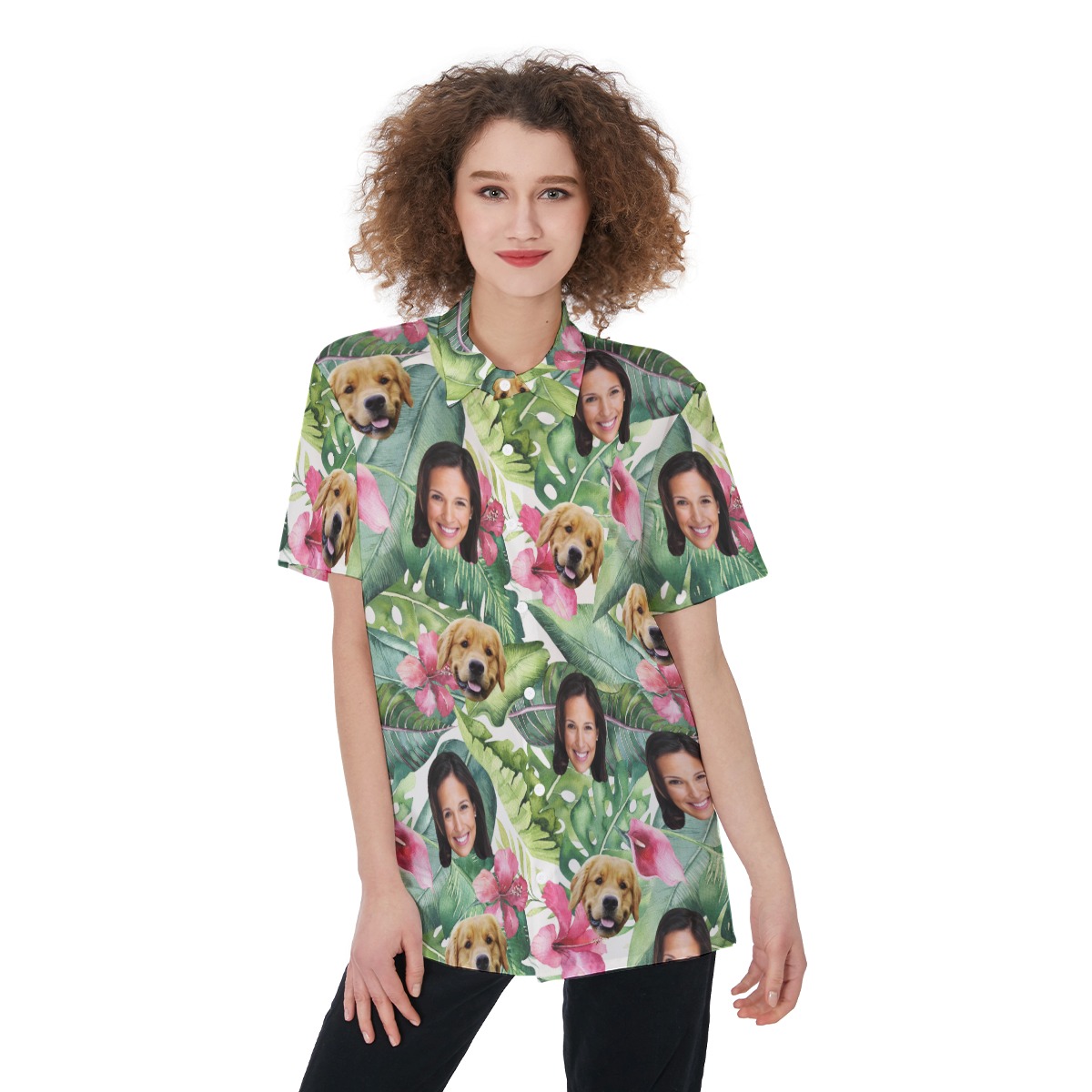 Custom Pet And Owner Face Hawaiian Shirt For Women - variant image 1