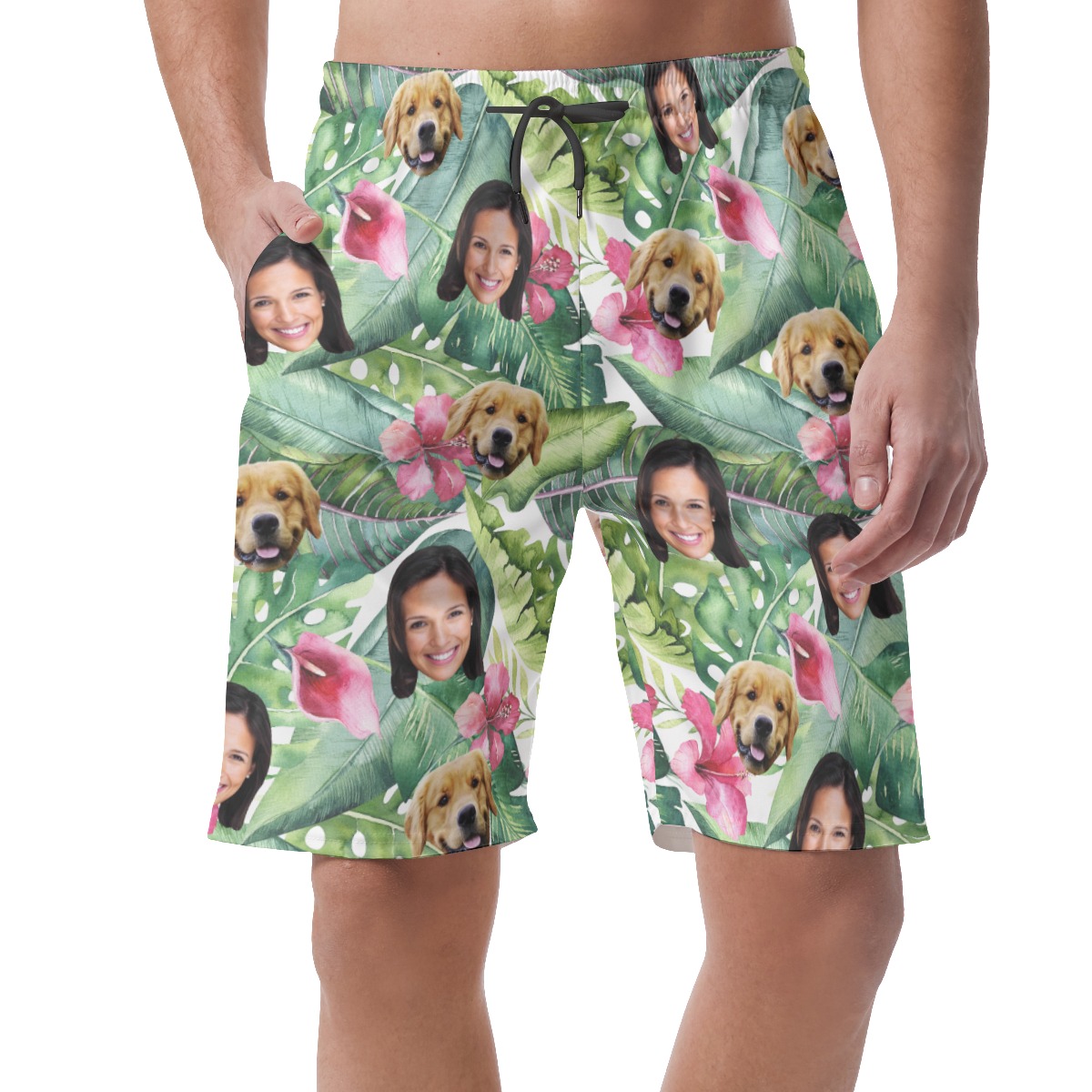 Men's Custom Face And Dog Floral Hawaiian Shorts - variant image 1