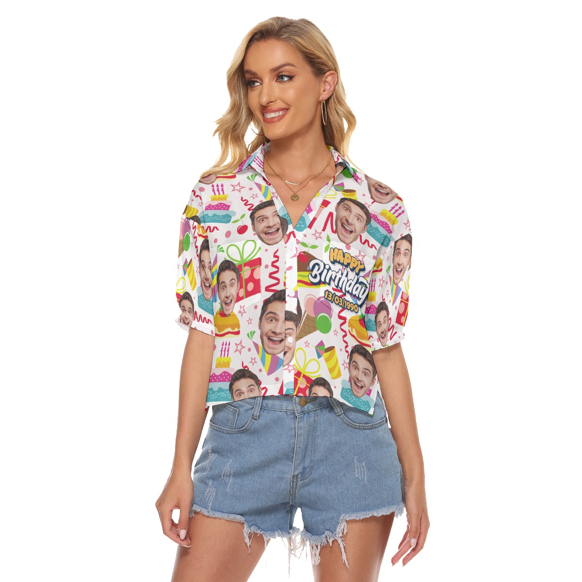 Unique Birthday Gift Custom Face Hawaiian Crop Top Shirt - variant image 1