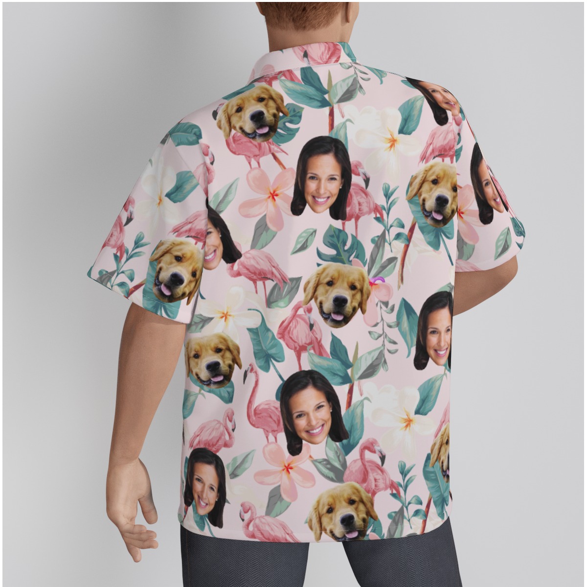 Custom Face And Dog Flamingo Hawaiian Shirt