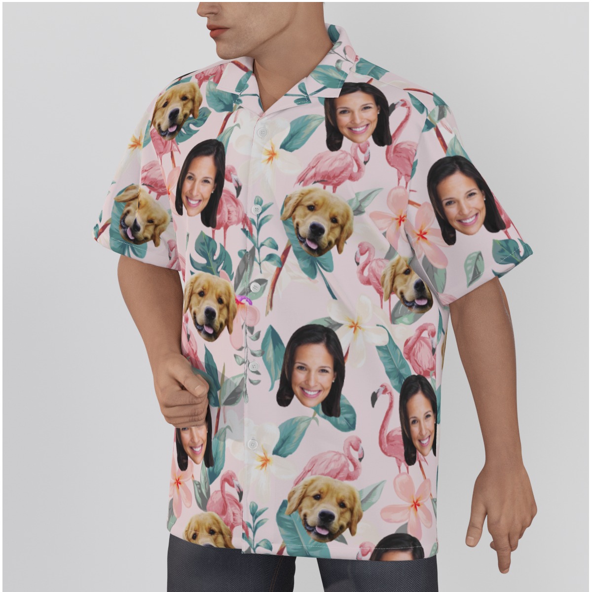 Custom Face And Dog Flamingo Hawaiian Shirt
