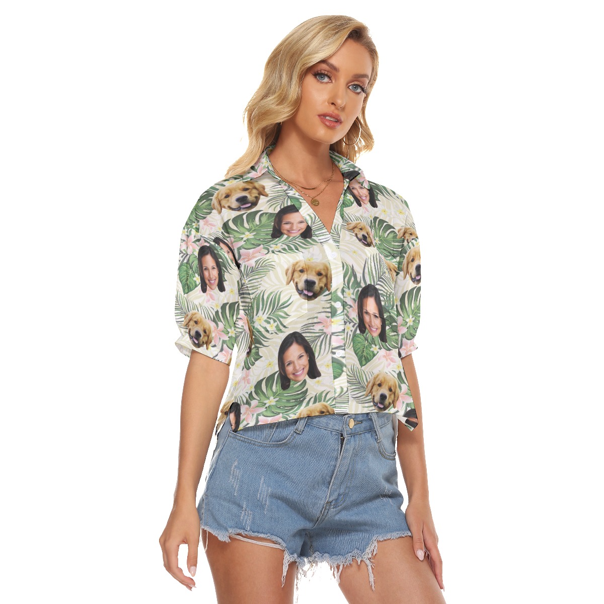 Floral Custom Face With Dog Hawaiian Crop Top Shirt