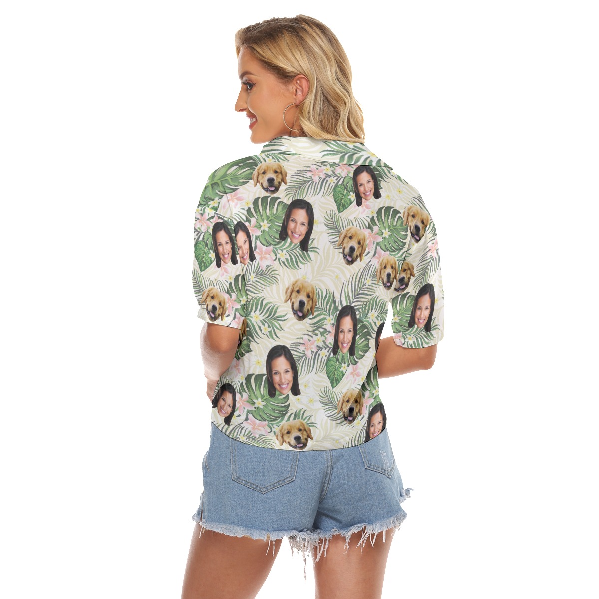 Floral Custom Face With Dog Hawaiian Crop Top Shirt