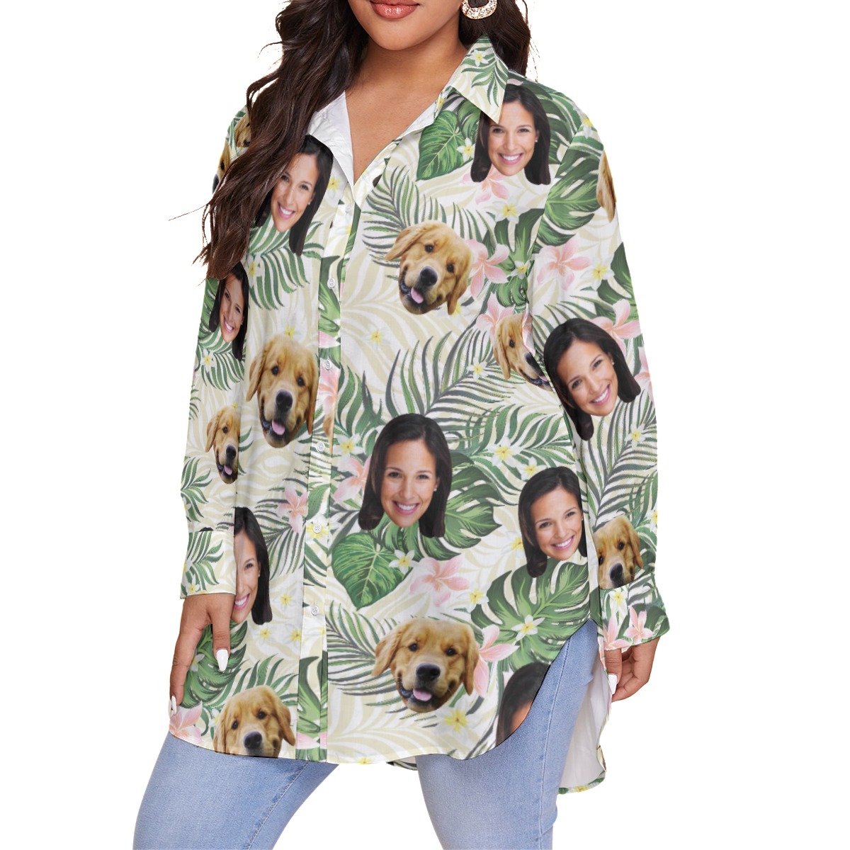 Custom Face And Dog Women's Oversized Hawaiian Shirt