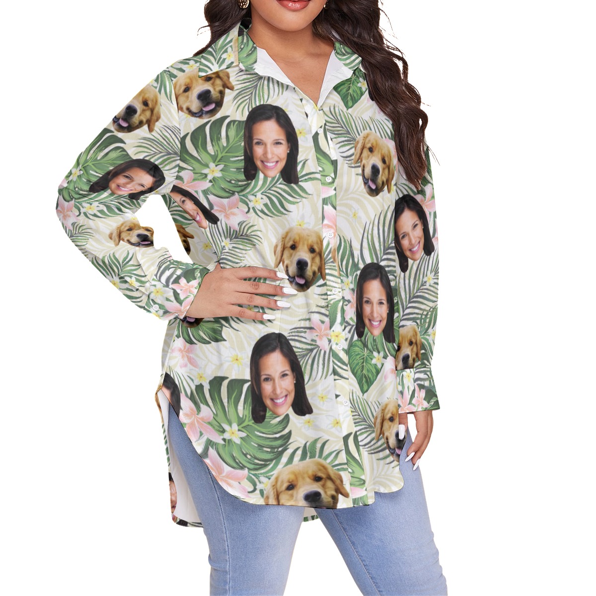 Custom Face And Dog Women's Oversized Hawaiian Shirt