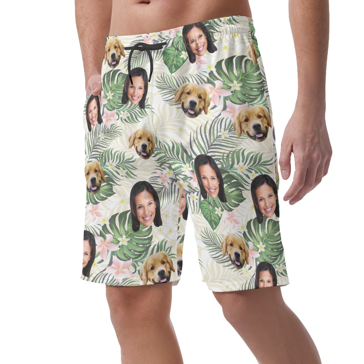 Men's Custom Dog And Owner Face Floral Hawaiian Shorts