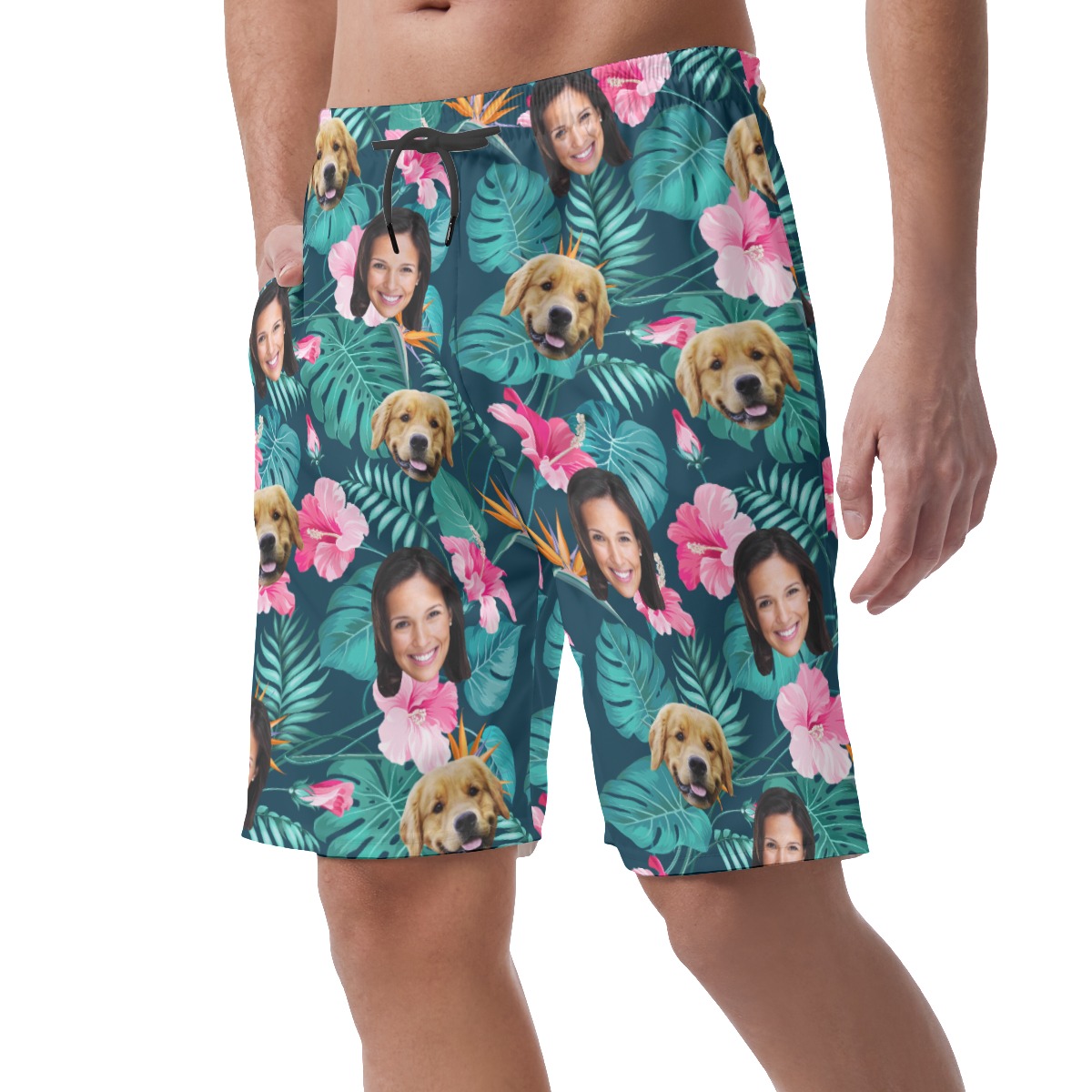 Men's Custom Face And Dog Tropical Hawaiian Shorts