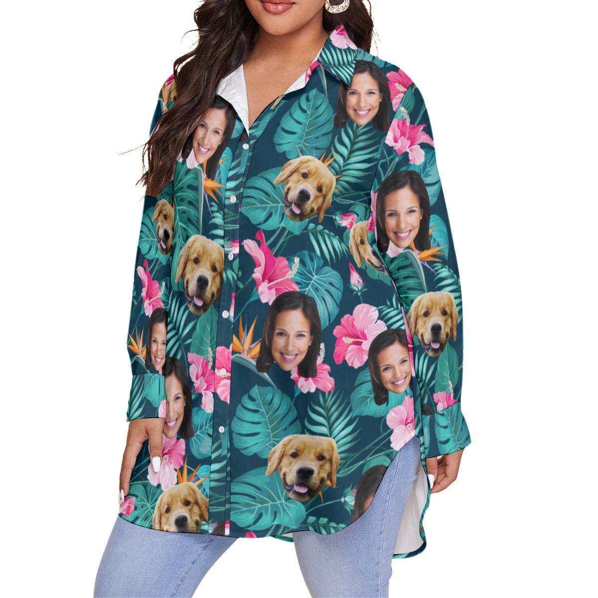 Custom Face And Dog Women's Plus Size Hawaiian Shirt