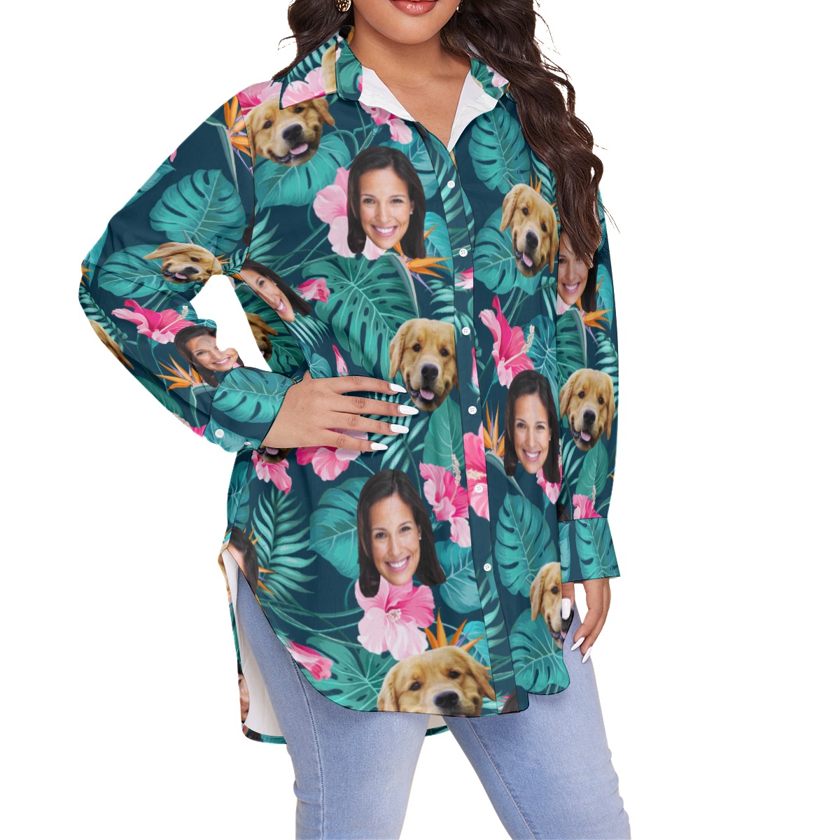Custom Face And Dog Women's Plus Size Hawaiian Shirt