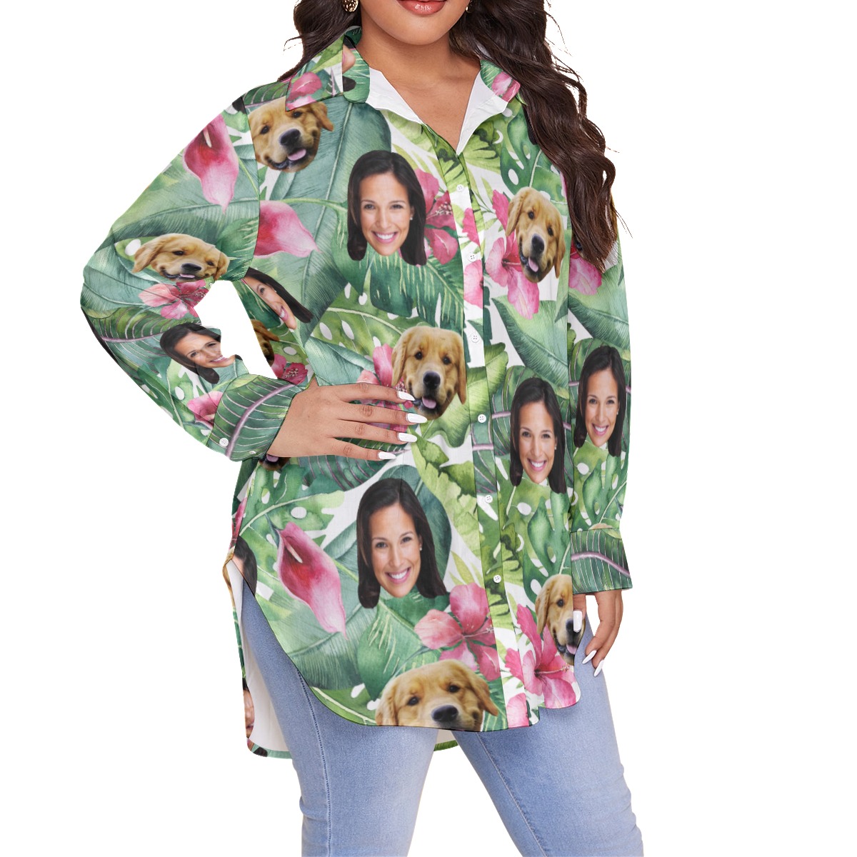 Custom Face And Dog Face Women's Plus Size Hawaiian Shirt
