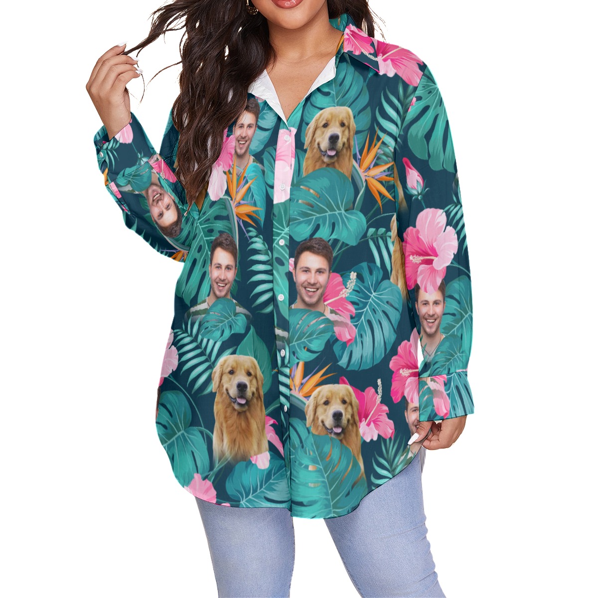 Women's Custom Face And Dog Tropical Plus Size Hawaiian Shirt - variant image 1