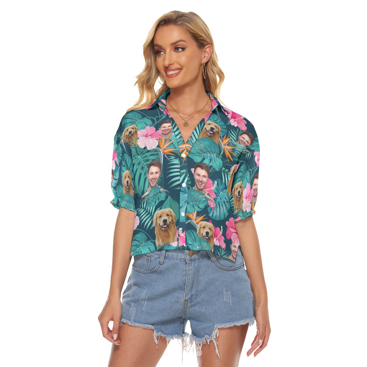 Floral Custom Face And Pet Cropped Hawaiian Shirt - variant image 1