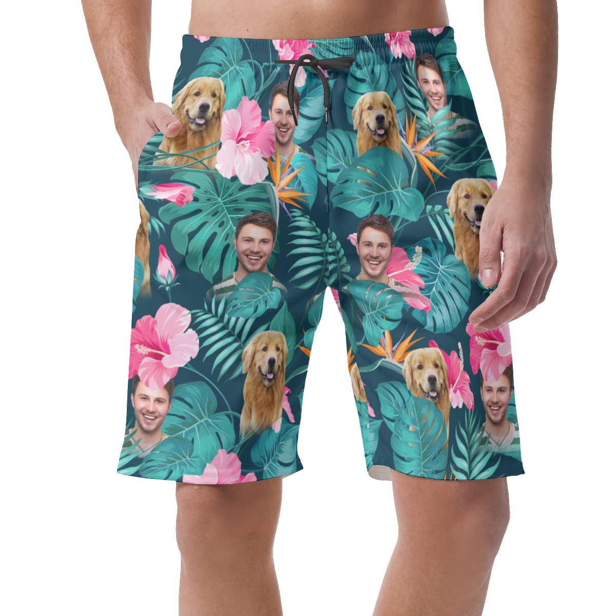 Men's Custom Face And Dog Floral Hawaiian Casual Shorts - variant image 1