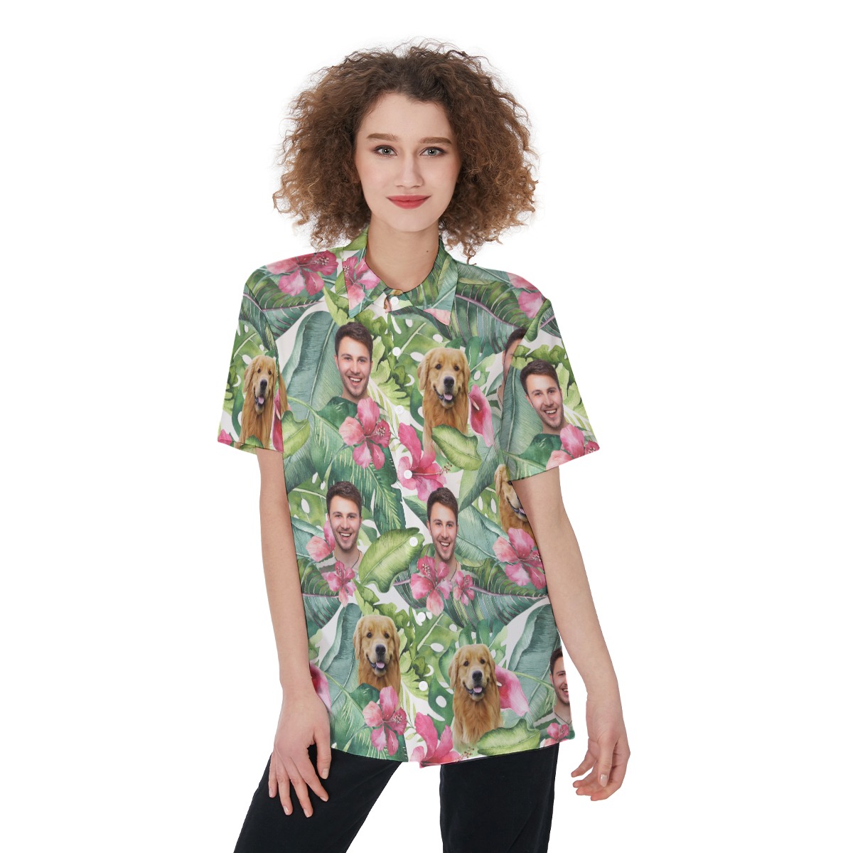 Custom Pet And Owner Face Floral Hawaiian Shirt For Women - variant image 1