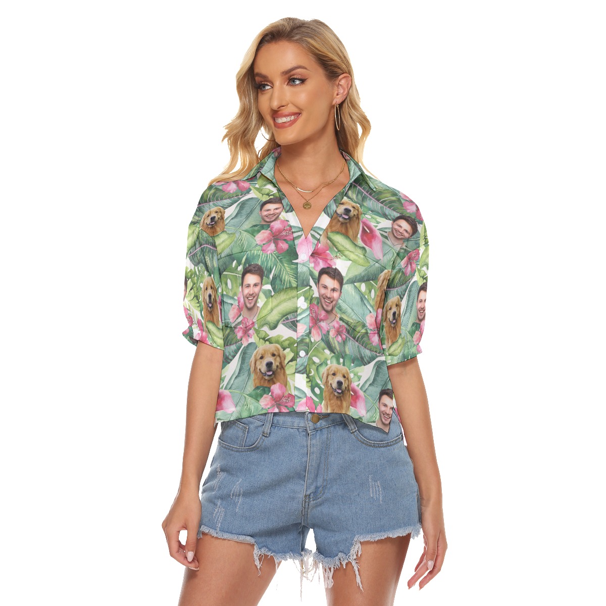 Unique Face And Pet Customize Cropped Hawaiian Shirt - variant image 1