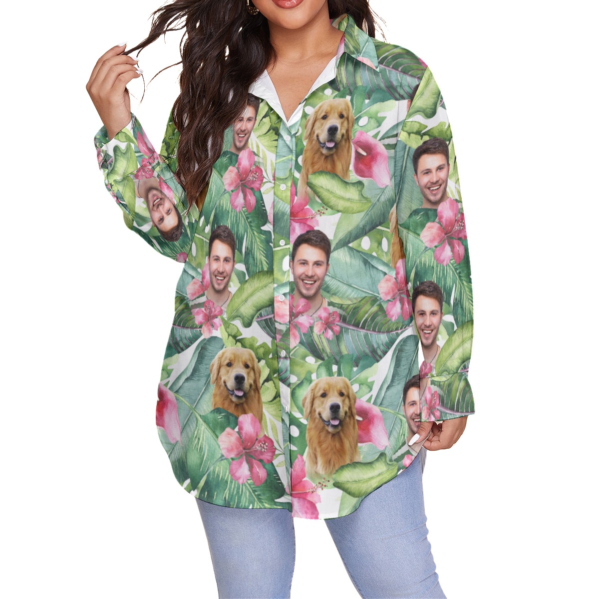 Women's Custom Face And Dog Plus Size Hawaiian Shirt - variant image 1