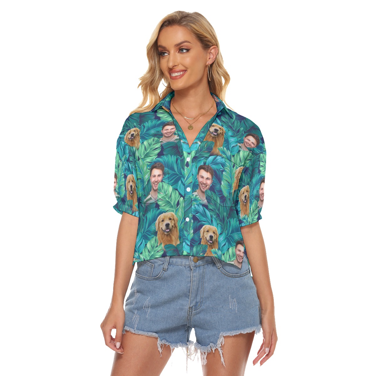 Custom 2 Faces With Dog Hawaiian Crop Top Shirt - variant image 1