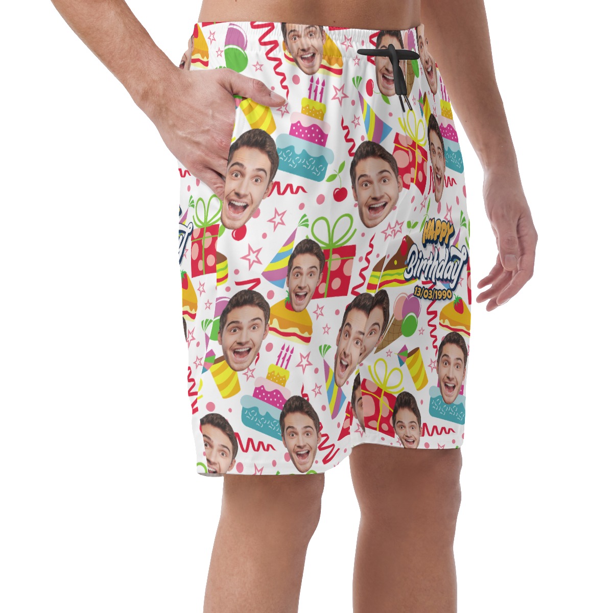 Funny Custom Face And Birthday Date Hawaiian Beach Shorts For Men