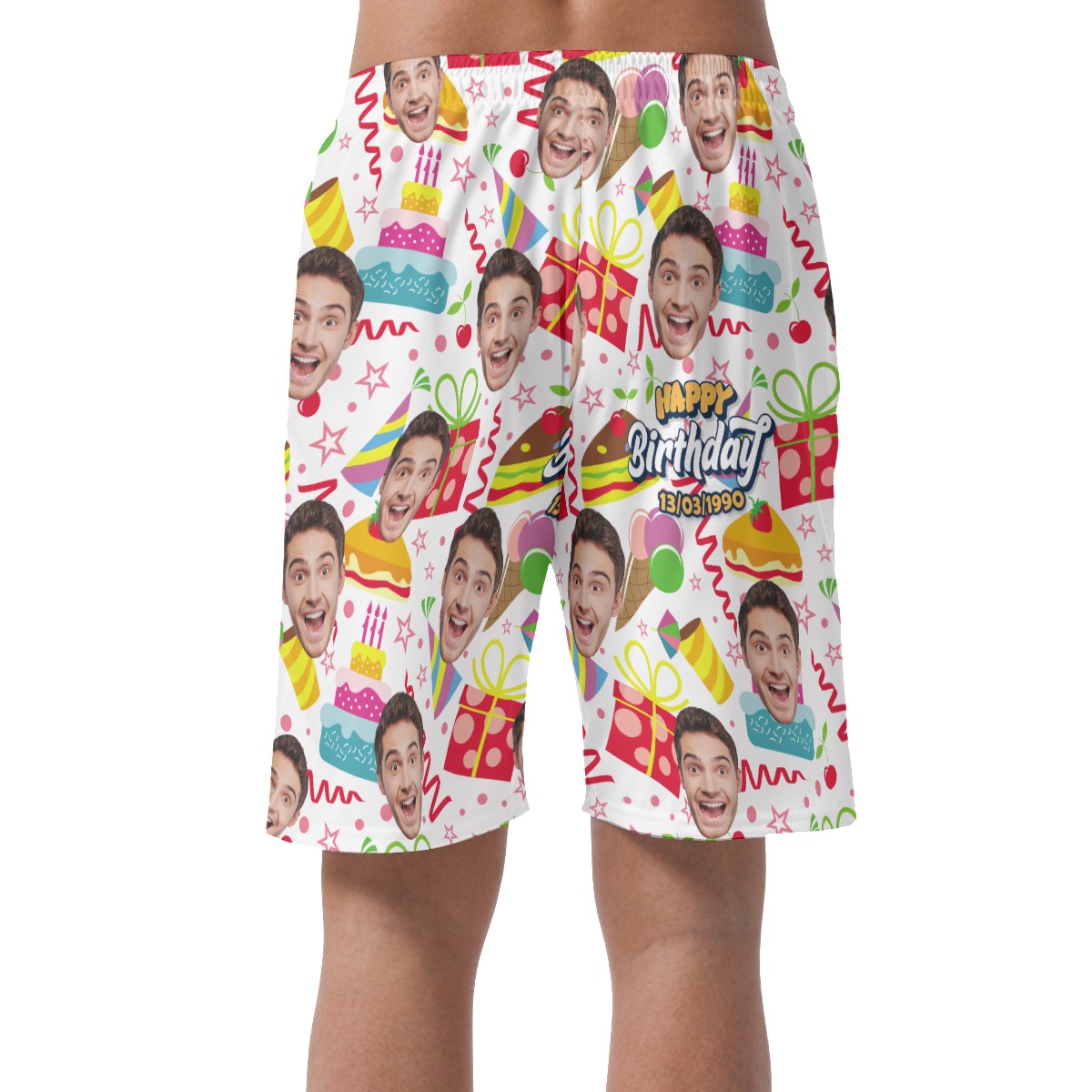 Funny Custom Face And Birthday Date Hawaiian Beach Shorts For Men