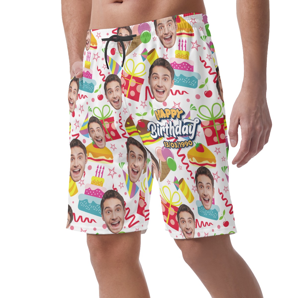 Funny Custom Face And Birthday Date Hawaiian Beach Shorts For Men