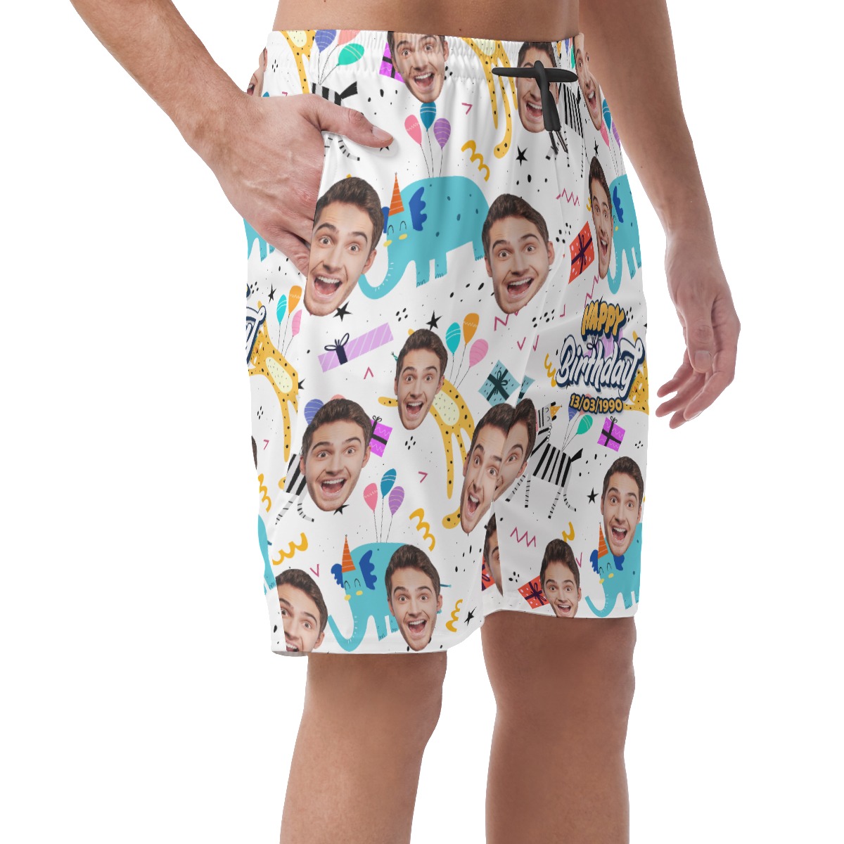 Funny Custom Face Happy Birthday Hawaiian Beach Shorts For Men