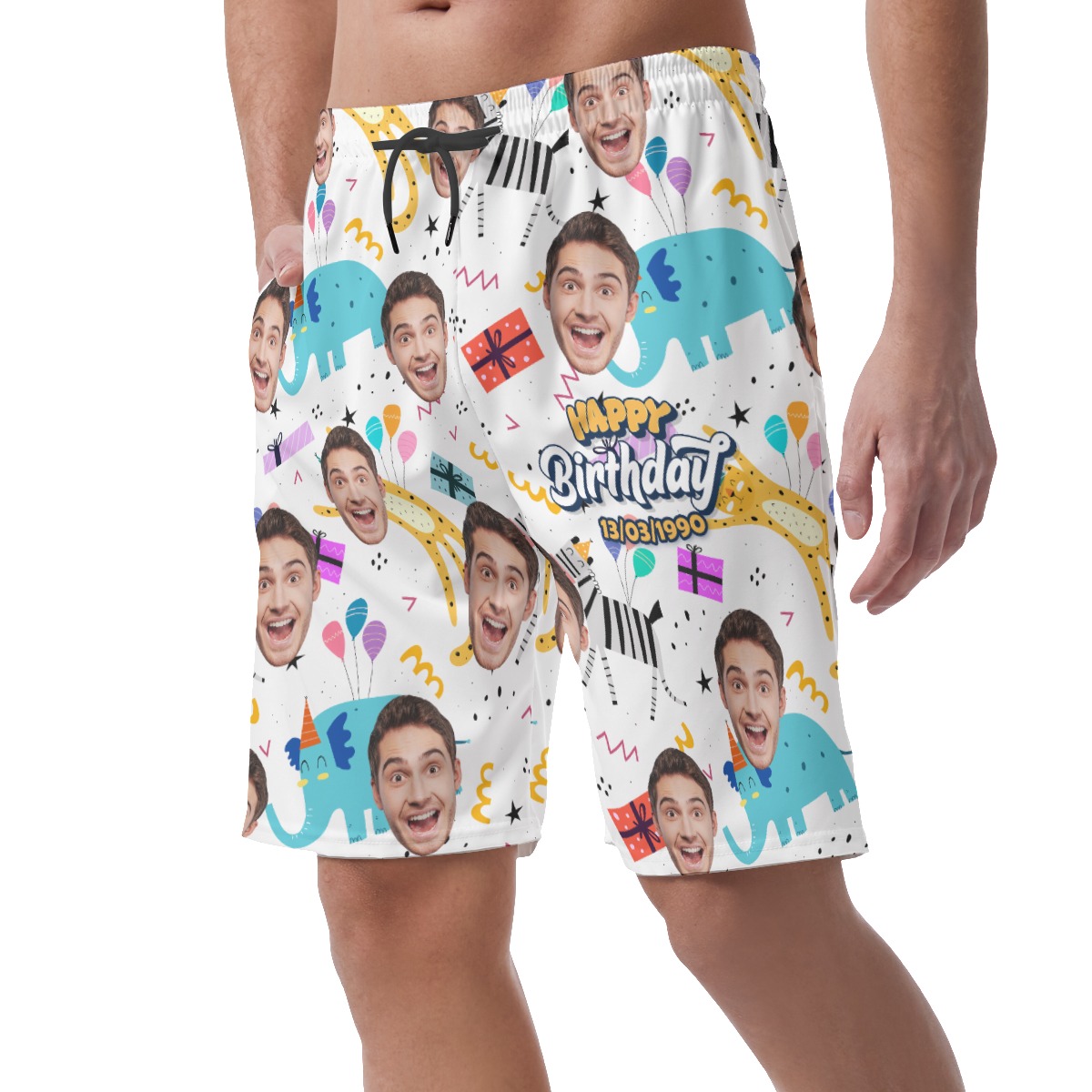 Funny Custom Face Happy Birthday Hawaiian Beach Shorts For Men