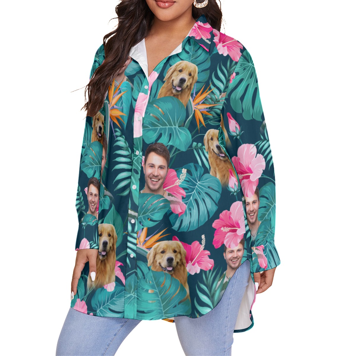 Women's Custom Face And Dog Tropical Plus Size Hawaiian Shirt